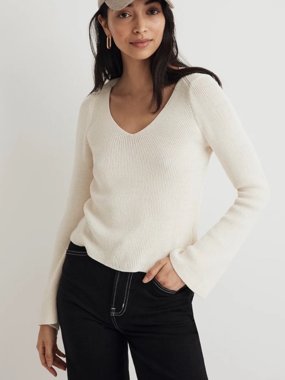 Madewell Cream V-Neck Ribbed Bell-Sleeve Sweater